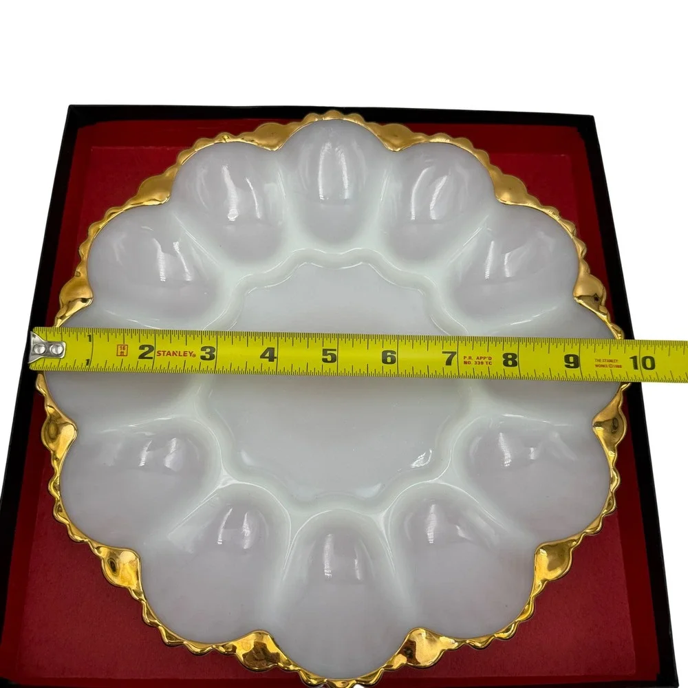 Vtg Anchor Hocking White Milk Glass Deviled Egg Platter Plate 22K Gold Rim w/Box
